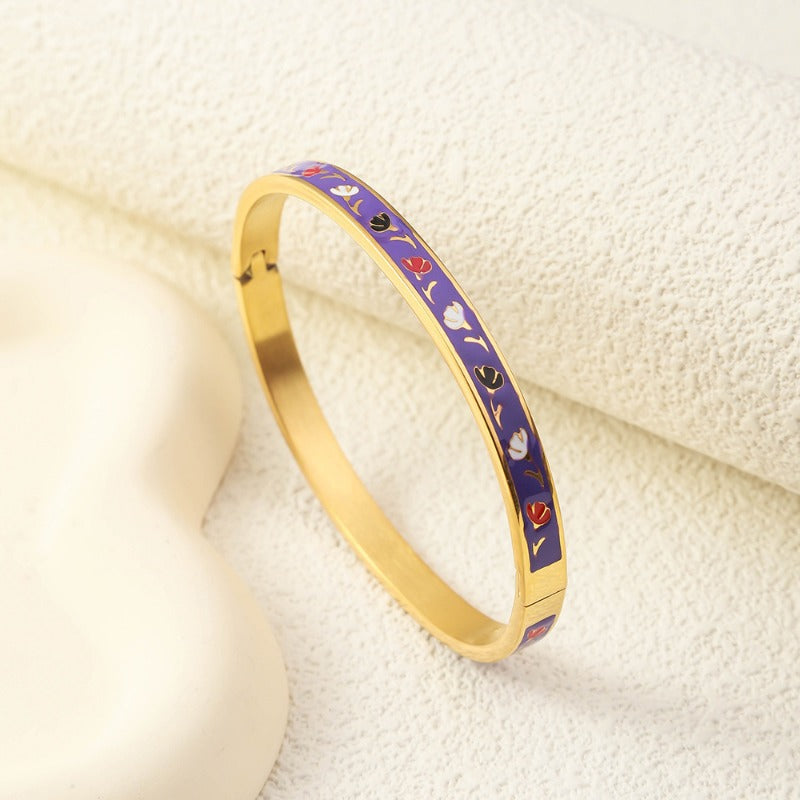Wholesale Luxury Stainless Steel Enamel Drip Oil 18K Genuine Gold Plated Titanium Steel Bracelet